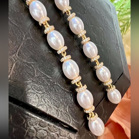 Long Gold Dangle Earrings White Pearls on Huggie Hoops-Like new! Great Gift! - Picture 2 of 15